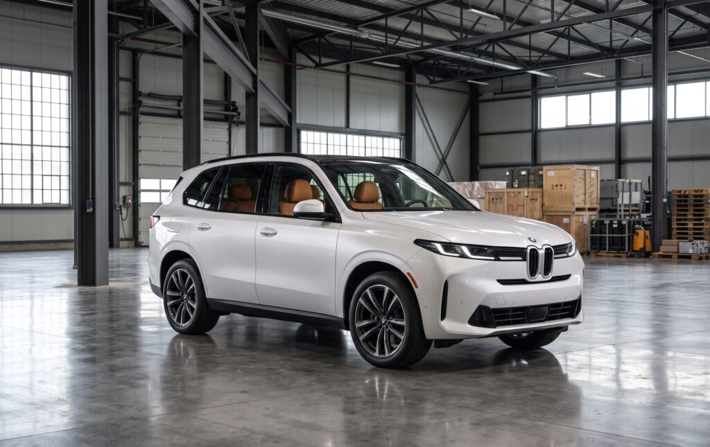 White 2027 BMW X5 luxury SUV with Cognac interior parked in a modern warehouse featured for global export / import BMW X5 from USA services.