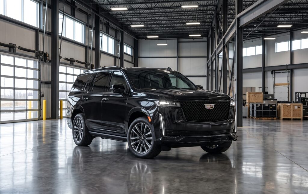 Black 2027 Cadillac Escalade full-size luxury SUV parked in a modern warehouse featured for global export / import Cadillac Escalade from USA services.