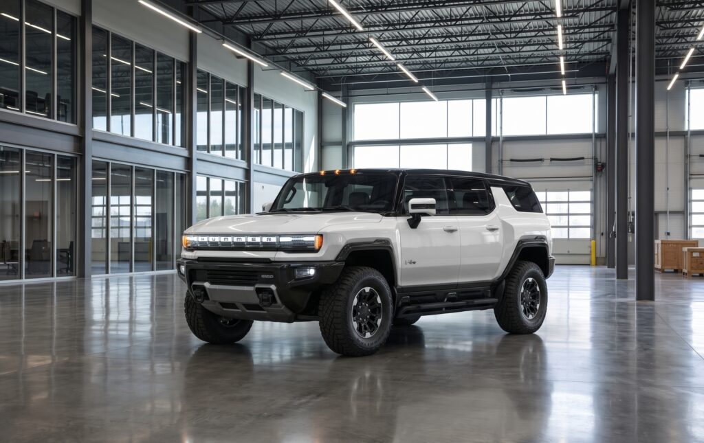 Summit White GMC Hummer EV SUV with a black top parked in a modern warehouse featured for global export / import GMC Hummer EV from USA services.