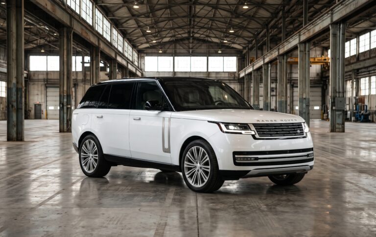 White Land Rover Range Rover Long Wheelbase luxury SUV inside an industrial warehouse for global export / import Land Rover from USA services.