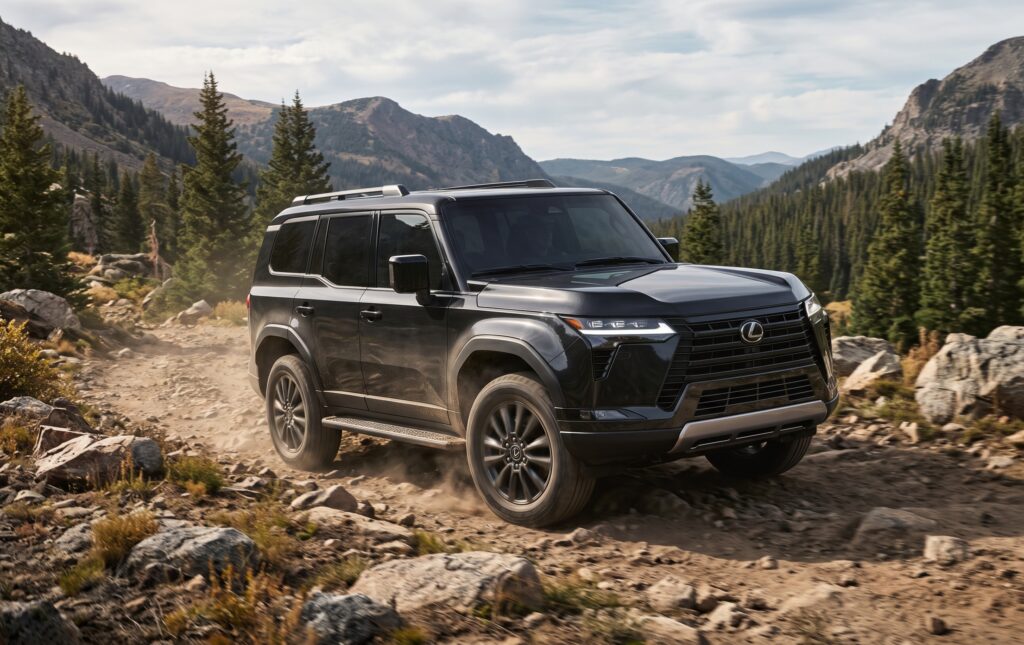 Black 2026 Lexus GX550 Luxury+ SUV driving off-road on a mountain trail featured for global export / import Lexus GX550 from USA services.