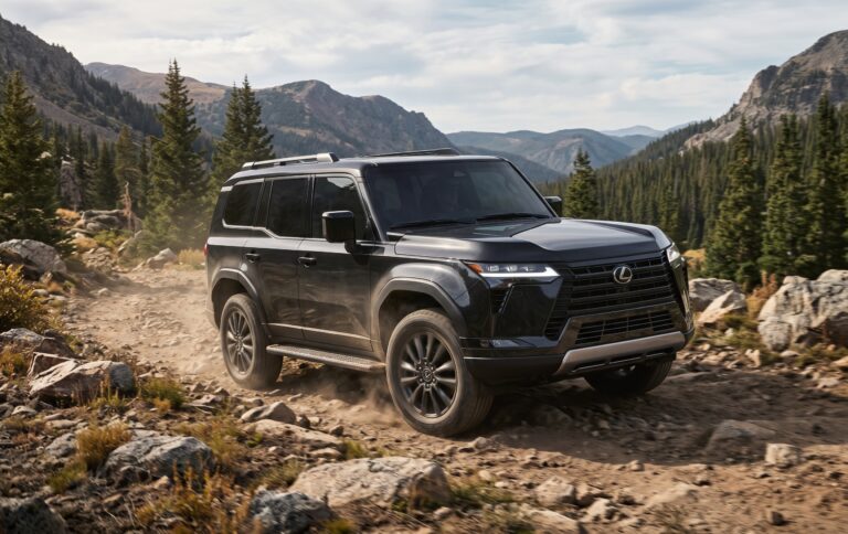 Black 2026 Lexus GX550 Luxury+ SUV driving off-road on a mountain trail featured for global export / import Lexus GX550 from USA services.