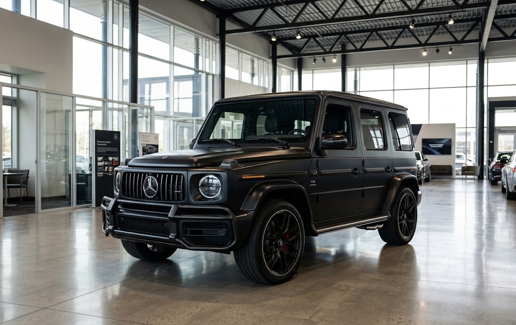 Matte Black 2027 Mercedes-Benz AMG G63 SUV with a red interior parked in a modern warehouse featured for global export / import Mercedes-Benz G Class from USA services.
