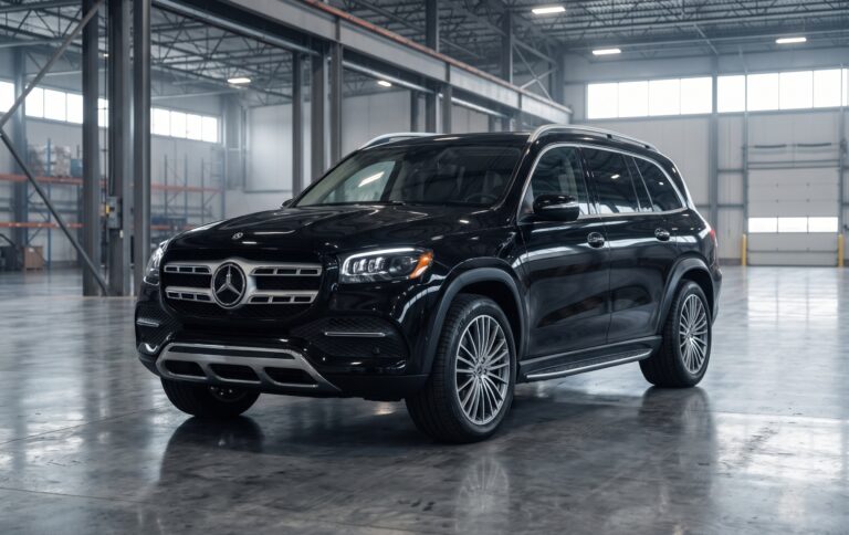 Black Mercedes-Benz GLS450 luxury SUV inside a modern warehouse facility featured for export / import Mercedes-Benz GLS450 from USA services.