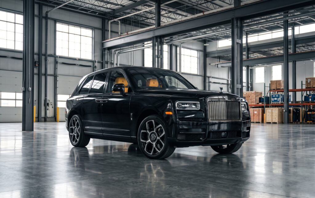 Black 2027 Rolls-Royce Cullinan AWD ultra-luxury SUV parked in a modern warehouse featured for global export / import Rolls-Royce Cullinan from USA services.