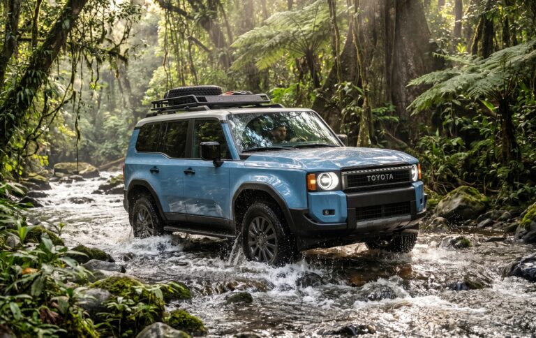Heritage Blue Toyota Land Cruiser driving through a jungle river featured for global export / import Toyota Land Cruiser from USA services.